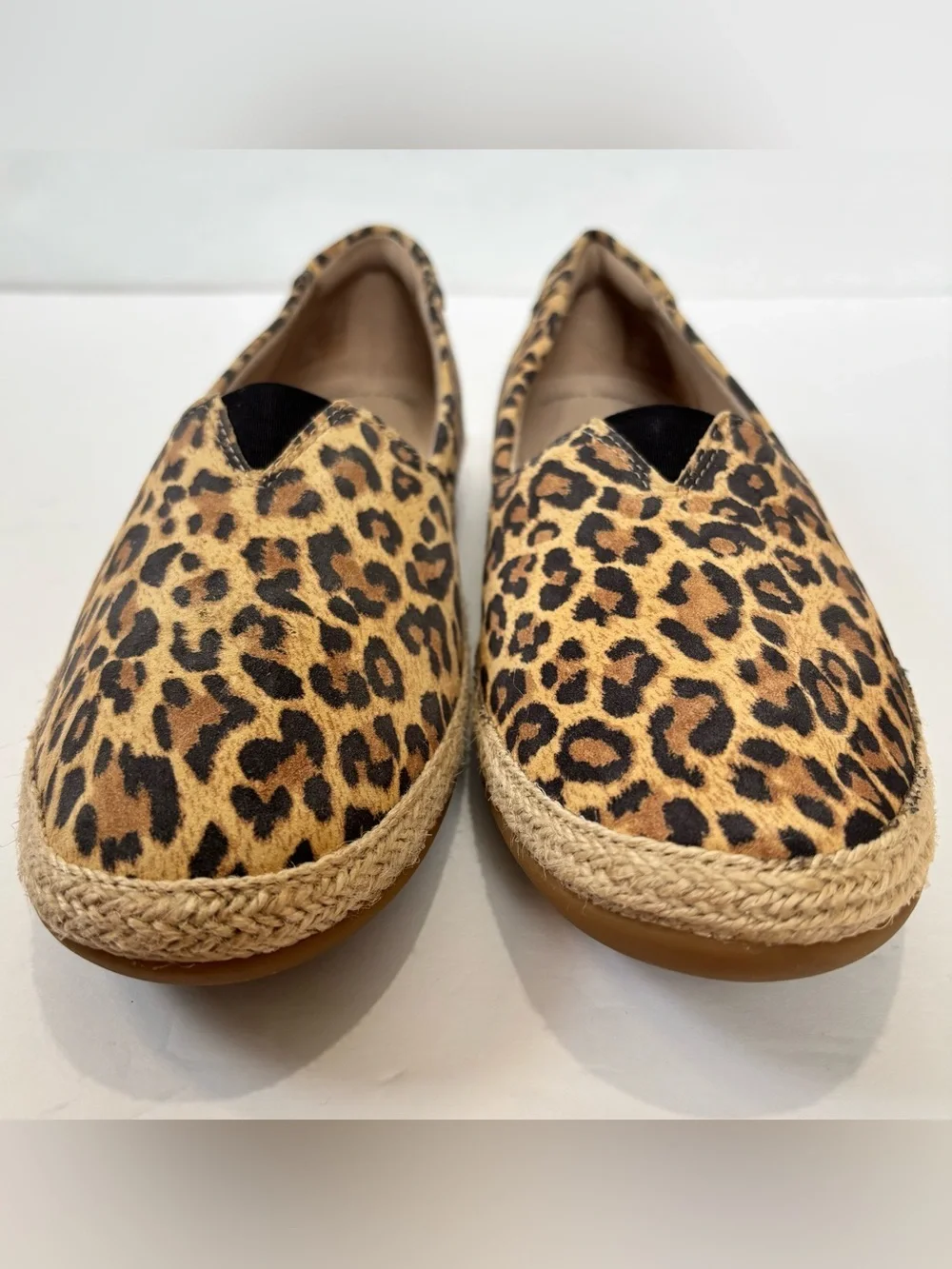 CLARKS Tan Leopard Print Suede Danelly Sky Espadrille Perforated Slip On Flats